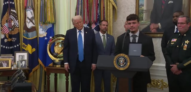 Cameron Paez received the first-ever Medal of Sacrifice from President Donald Trump in the Oval Office on Monday, May 19, 2025, to honor his father, Cpl. Luis Paez, who was killed in the line of duty in November 2024. (The White House/Courtesy)