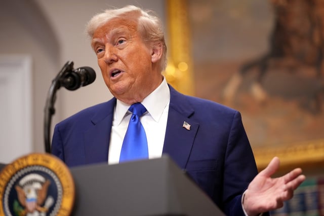 U.S. President Donald Trump speaks during a press conference in the Roosevelt Room of the White House on May 12, 2025, in Washington, DC. (Photo by Andrew Harnik/Getty Images)