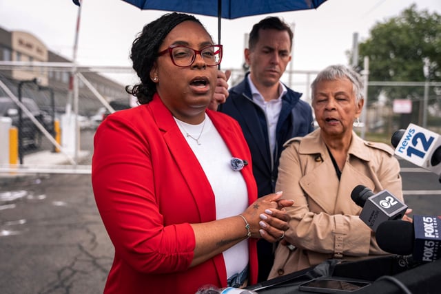 Rep. LaMonica McIver, D-N.J., holds a press conference on May 9, 2025 after Newark Mayor Ras Baraka was arrested while protesting at Delancey Hall ICE detention prison, in Newark, N.J.