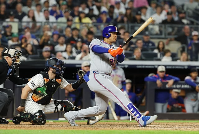 NEW YORK, NEW YORK - MAY 18: Juan Soto #22 of the New York Mets bats against the New York Yankees during their game at Yankee Stadium on May 18, 2025 in New York City.
