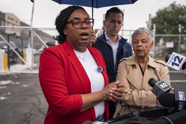 Congresswoman Rep. LaMonica McIver, D-N.J., speaks to the press after Newark mayor Ras Baraka was arrested while protesting at Delancey Hall ICE detention prison, Friday, May 9, 2025, in Newark, N.J,