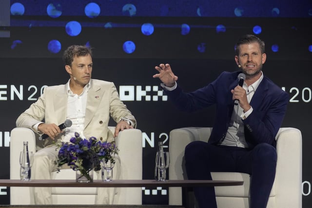 Eric Trump, Executive VP of The Trump Organization, right, speaks as Co-founder of World Liberty Financial Zach Witkoff looks on during Token 2049, a Crypto event, in Dubai, United Arab Emirates, Thursday, May 1, 2025. (AP Photo/Altaf Qadri)