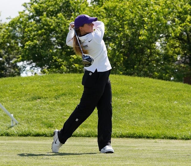 Kansas State's Carla Bernat watches her tee shot during last week's NCAA Lexington Regional. Bernat and teammate Alenka Navarro made a charge in the fourth round of the NCAA Championship on Monday to finish in a tie for 14th place.