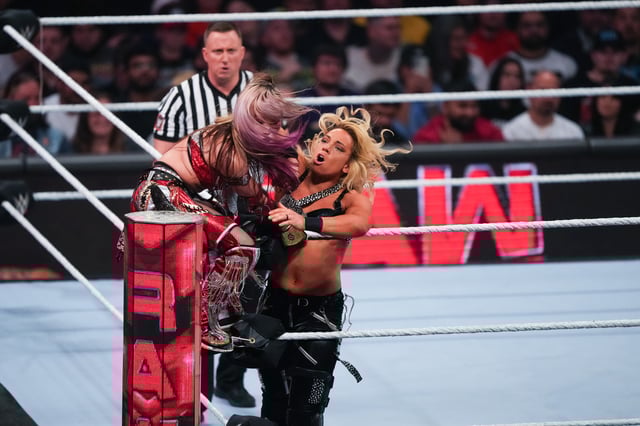 HOUSTON, TEXAS - MARCH 11: Kairi Sane wrestles Zoey Stark during WWE Monday Night RAW at Toyota Center on March 11, 2024 in Houston, Texas.