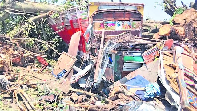 The truck after the mishap in Kangra on Monday. (HT Photo)