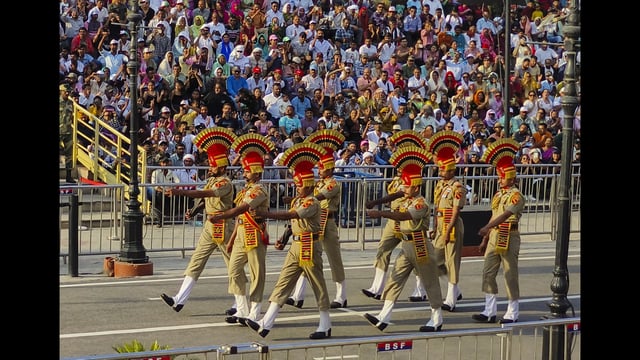 Border Security Force (BSF) personnel during the Beating Retreat ceremony at the Attari-Wagah border. (PTI File)