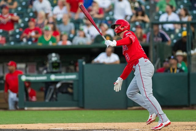 Angels’ Taylor Ward watches his home run during the third inning of a baseball game against the Athletics in West Sacramento, Calif., Monday, May 19, 2025. (AP Photo/Nic Coury)