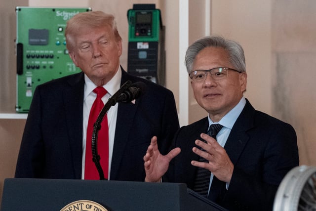 Nvidia CEO Jensen Huang speaks as United States President Donald J Trump listens during an âInvesting in Americaâ event in the Cross Hall of the White House in Washington, DC, US, on Wednesday, April 30, 2025. . Credit: Ken Cedeno / Pool via CNP/AdMedia