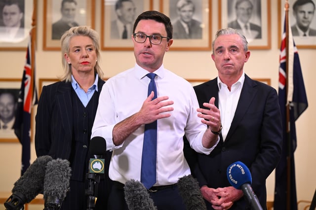 Nationals Leader David Littleproud, Nationals Deputy Leader Kevin Hogan and Nationals Senate Leader Bridget McKenzie speak to the media during a press conference at Parliament House in Canberra, Tuesday, May 20, 2025. (AAP Image/Lukas Coch) NO ARCHIVING