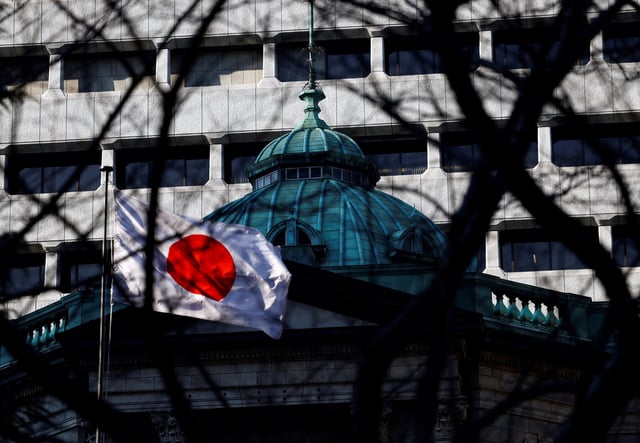 Japanese national flag hoisted atop of the Bank of Japan headquarters is seen through trees in Tokyo, Japan January 23, 2025.  REUTERS/Issei Kato/ File Photo
