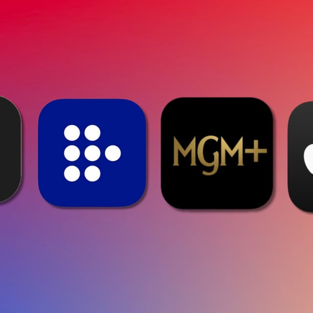 Peacock app logo, MGM+ app logo, Mubi app logo, and Apple TV+ app logo with red and blue gradient background