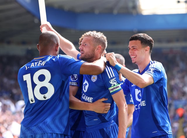 Soccer Football - Premier League - Leicester City v Ipswich Town - King Power Stadium, Leicester, Britain - May 18, 2025  Leicester City's Jamie Vardy celebrates scoring their first goal with teammates Action Images via Reuters/Craig Brough/File Photo