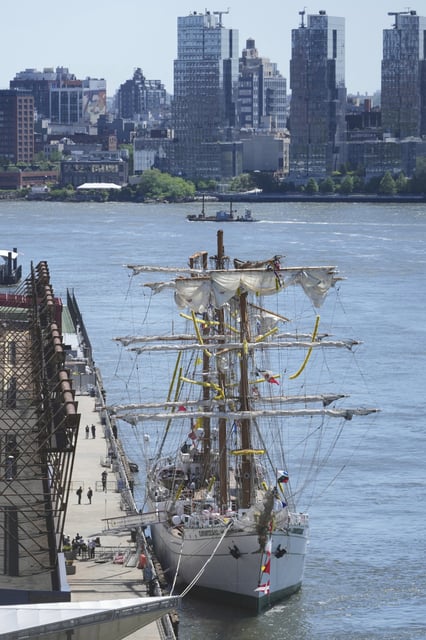 The Cuauhtemoc, a masted Mexican Navy training ship, is docked in Manhattan after it collided with the Brooklyn Bridge in New York, Monday, May 19, 2025. (AP Photo/Seth Wenig)