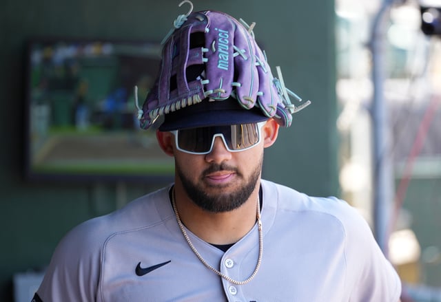 SACRAMENTO, CALIFORNIA - MAY 10: Jasson Domínguez #24 of the New York Yankees looks on from the dugout prior to the start of the game against the Athletics at Sutter Health Park on May 10, 2025 in Sacramento, California.