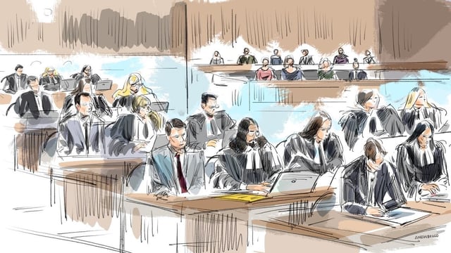The accused men and their defence teams in Ontario Superior Court in London, Ont.