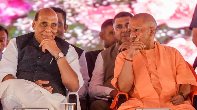 Defence Minister Rajnath Singh and Uttar Pradesh Chief Minister Yogi Adityanath attend the Silver Jubilee celebration of Dr KNS Memorial Hospital (Mayo Medical Center), in Lucknow, Tuesday, May 20, 2025.
