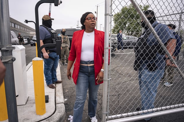Congresswoman Rep. LaMonica McIver, D-N.J., exits the grounds at Delancey Hall ICE detention prison, Friday, May 9, 2025, in Newark, N.J, (AP Photo/Angelina Katsanis)