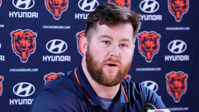 FILE - Chicago Bears football guard Joe Thuney talks to media during a news conference at Halas Hall in Lake Forest, Ill., Wednesday, March 12, 2025. (AP Photo/Nam Y. Huh)