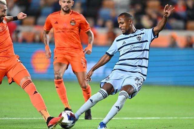 Nov 26, 2023; Houston, Texas, USA; Sporting Kansas City midfielder Gadi Kinda (10) shoots the ball against Houston Dynamo midfielder Hector Herrera (16) during the first half for the MLS Cup Western Conference Semifinal match at Shell Energy Stadium. Mandatory Credit: Maria Lysaker-USA TODAY Sports/File Photo