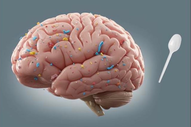 © The May cover of Genomic Press features an illustration of a human brain covered in microplastics next to a white plastic spoon