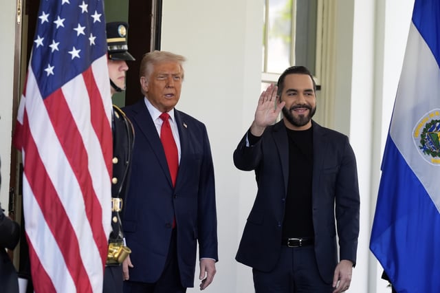 President Donald Trump receives El Salvador&#39;s President Nayib Bukele at the West Wing of the White House, in Washington, April 14, 2025.