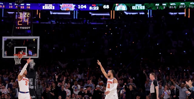 May 16, 2025; New York, New York, USA; New York Knicks guard Jalen Brunson (11) celebrates his three point shot against the Boston Celtics with guard Josh Hart (3) during the fourth quarter of game six in the second round of the 2025 NBA Playoffs at Madison Square Garden. Mandatory Credit: Brad Penner-Imagn Images