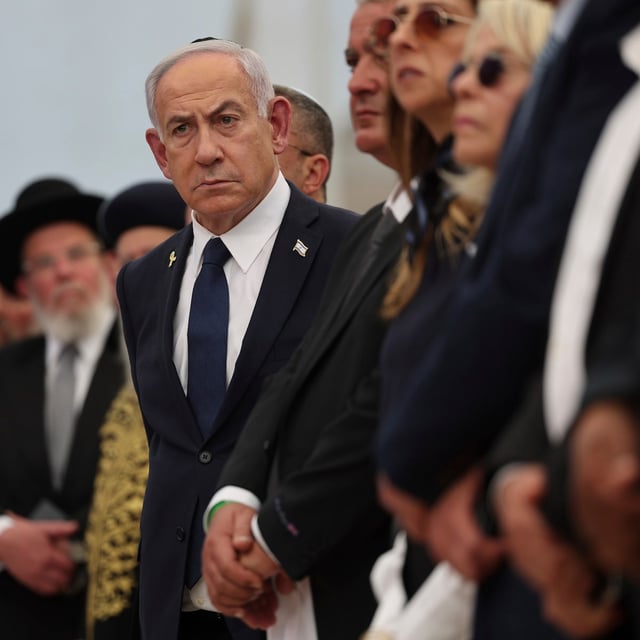 Israeli Prime Minister Benjamin Netanyahu attends the annual ceremony at the eve of Israel's Remembrance Day for fallen soldiers (Yom HaZikaron) at the Yad LaBanim Memorial in Jerusalem, on Tuesday, April 29, 2025. (Abir Sultan/Pool Photo via AP)
