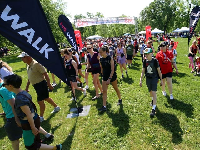 Participants set off on the five-kilometre MS Walk in support of multiple sclerosis awareness month, at Kildonan Park in Winnipeg, on Sunday, May 28, 2023. 