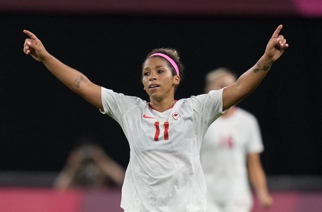 Canada's Desiree Scott celebrates at the end of a women's soccer match against Chile at the 2020 Summer Olympics, Saturday, July 24, 2021, in Sapporo, Japan. Canada won 2-1. (AP Photo/Silvia Izquierdo)