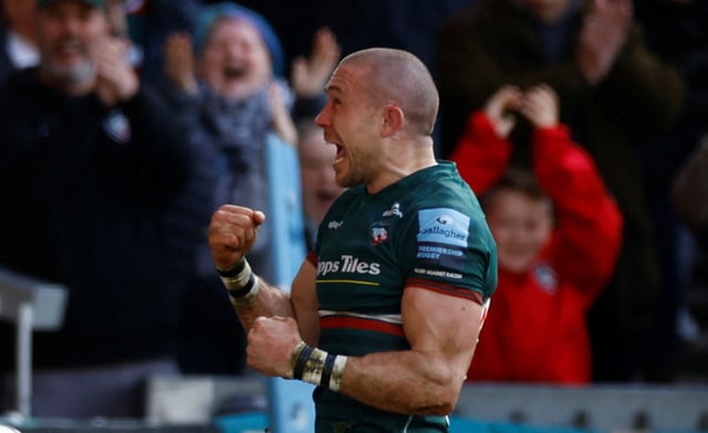 Rugby Union - Premiership - Leicester Tigers v Saracens - Welford Road Stadium, Leicester, Britain - February 19, 2023 Leicester Tigers' Mike Brown celebrates scoring their third try  Action Images/Peter Cziborra