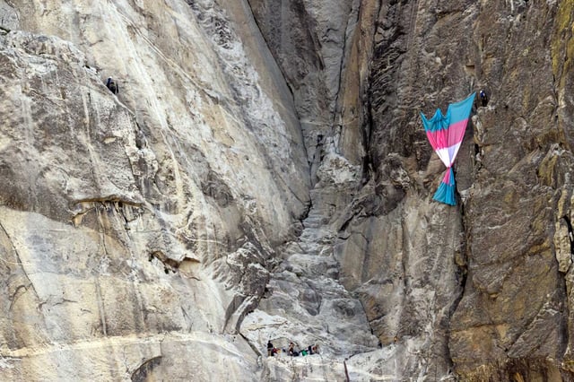 A group of transgender, queer, and allied climbers unfurled a trans Pride flag on El Capitan in Yosemite National Park on Tuesday, May 20, 2025.