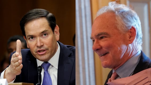 Marco Rubio stands by the Trump administration's controversial decision to offer refugee status to 59 white Afrikaners from South Africa, despite Senator Tim Kaine's inquiries about racial implications.