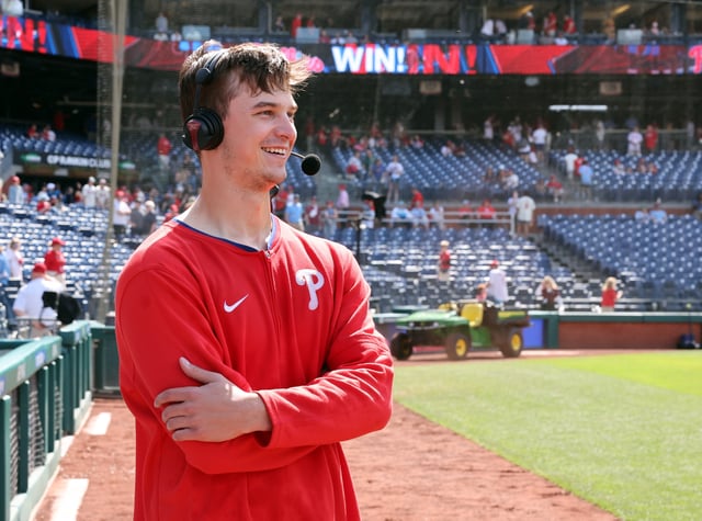 PHILADELPHIA, PENNSYLVANIA - MAY 18: Mick Abel #40 of the Philadelphia Phillies is interviewed after his major league debut against the Pittsburgh Pirates at Citizens Bank Park on May 18, 2025 in Philadelphia, Pennsylvania. The Phillies won 1-0. (Photo by Hunter Martin/Getty Images)