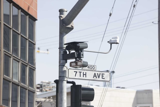 A speed safety camera is seen on a pole along Geary at 7th Avenue on Thursday, March 20, 2025 in San Francisco. This location yielded a moderate number of speeding warnings in April.