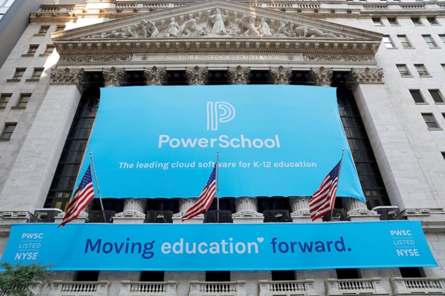 Signage for PowerSchool (NYSE:PWSC) is seen ahead of their Initial public offering (IPO) at the New York Stock Exchange (NYSE) in New York City, New York, U.S., July 28, 2021. REUTERS/Andrew Kelly/File Photo