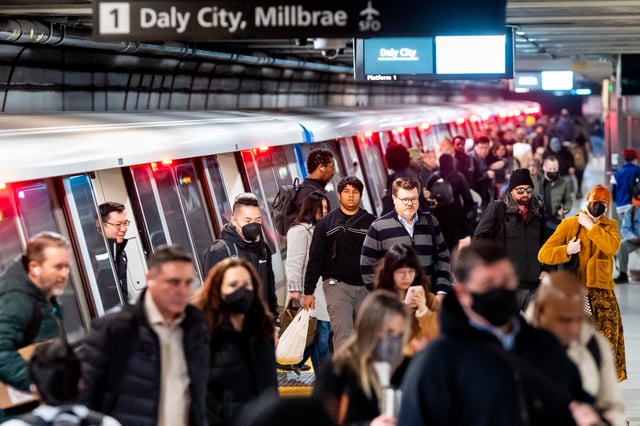 Commuters exit a BART train at Embarcadero station in San Francisco on Tuesday, March 4, 2025. BART ridership data shows that Tuesday is the busiest average day of the week for the transit system while Mondays are by far the lightest.