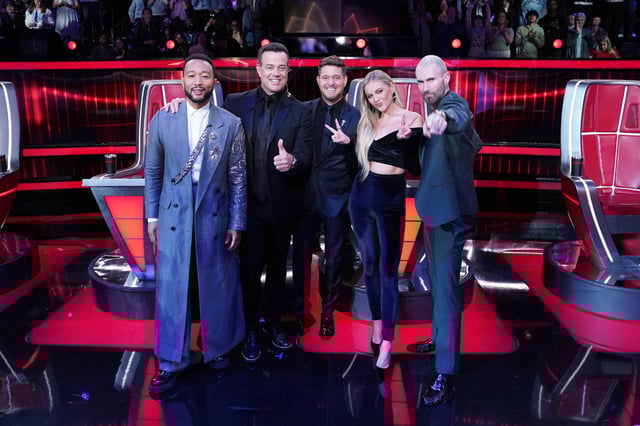 THE VOICE -- “Live Finale Part A” Episode 27145A -- Pictured: (l-r) John Legend, Carson Daly, Michael Buble, Kelsea Ballerini, Adam Levine.