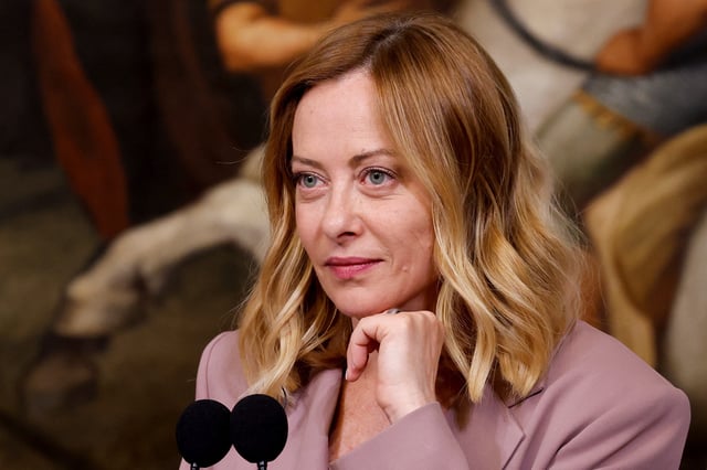 Italian Prime Minister Giorgia Meloni attends a press conference with German Chancellor Friedrich Merz (not pictured) at Chigi Palace in Rome, Italy, May 17, 2025. REUTERS/Remo Casilli/File Photo