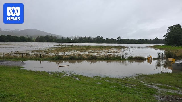 An open paddock in a regional area covered in brown floodwaters along green grass