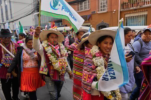 Supporters of presidential candidate Andronico Rodriguez march after a ceremony in which he announced his candidacy for the Alianza Popular (Popular Alliance) party, in La Paz, Bolivia, Monday, May 19, 2025. (AP Photo/Juan Karita)