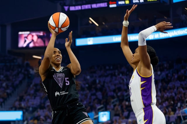 Valkyries’ Kayla Thornton (5) takes a shot against Sparks’ Azurá Stevens (23) in the first quarter at the Chase Center in San Francisco, Calif., on Friday, May 16, 2025. (Shae Hammond/Bay Area News Group)