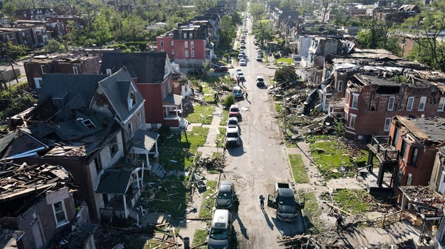 A drone view shows damaged houses after a tornado struck St. Louis, Missouri,U.S. May 17, 2025. REUTERS/Lawrence Bryant  TPX IMAGES OF THE DAY