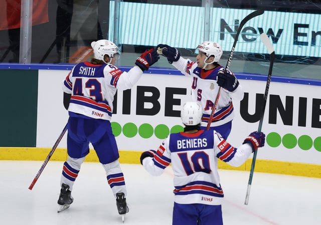 Ice Hockey - IIHF World Championships - Group B - Czech Republic v United States - Jyske Bank Boxen Arena, Herning, Denmark - May 20, 2025  Frank Nazar of the U.S. celebrates scoring their second goal with teammates REUTERS/David W Cerny
