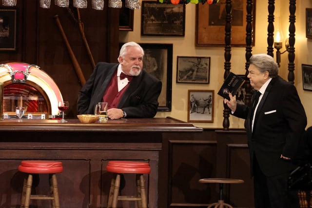 John Ratzenberger and George Wendt perform a skeTch from the show "Cheers" at the 75th Primetime Emmy Awards in Los Angeles, California, U.S., January 15, 2024. REUTERS/Mario Anzuoni/File Photo