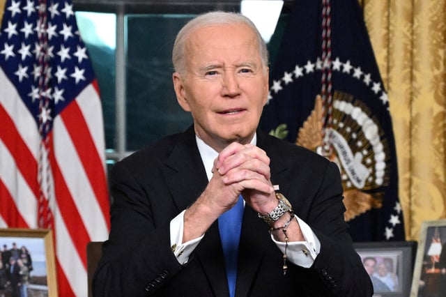 US President Joe Biden gestures as he delivers his farewell address to the nation from the Oval Office of the White House in Washington, DC, on January 15, 2025.     MANDEL NGAN/Pool via REUTERS/File Photo