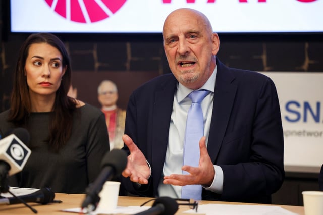 Peter Isely, one of the founders of Survivors Network of those Abused by Priests and a survivor of sexual abuse by a priest, speaks during a news conference discussing Pope Leo XIV’s past and what SNAP would like him to do regarding sexual abuse in the Catholic church, on May 20, 2025. (Eileen T. Meslar/Chicago Tribune)