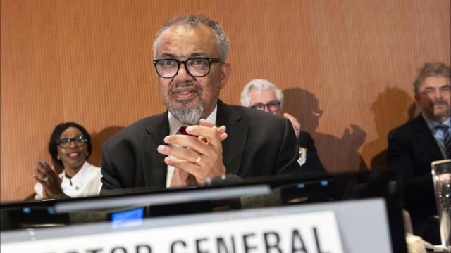 Tedros Adhanom Ghebreyesus, World Health Organization chief, applauds as member countries approve an agreement to combat future pandemics, during the 78th World Health Assembly (WHA78) at the European headquarters of the UN in Geneva, Switzerland, on Tuesday. (AP)