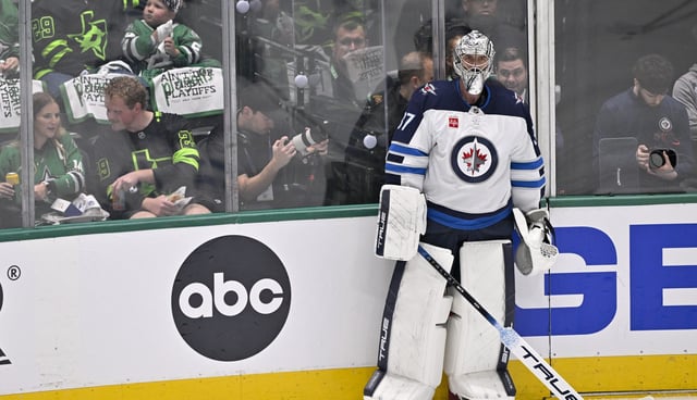 May 17, 2025; Dallas, Texas, USA; Winnipeg Jets goaltender Connor Hellebuyck (37) skates in warmups prior to the game against the Dallas Stars in game six of the second round of the 2025 Stanley Cup Playoffs at American Airlines Center. Mandatory Credit: Jerome Miron-Imagn Images