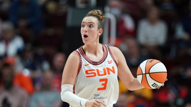 Connecticut Sun guard Marina Mabrey (3) during a WNBA basketball game against the Washington Mystics in Uncasville, Conn., Sunday, May 18, 2025. (AP Photo/Vera Nieuwenhuis)