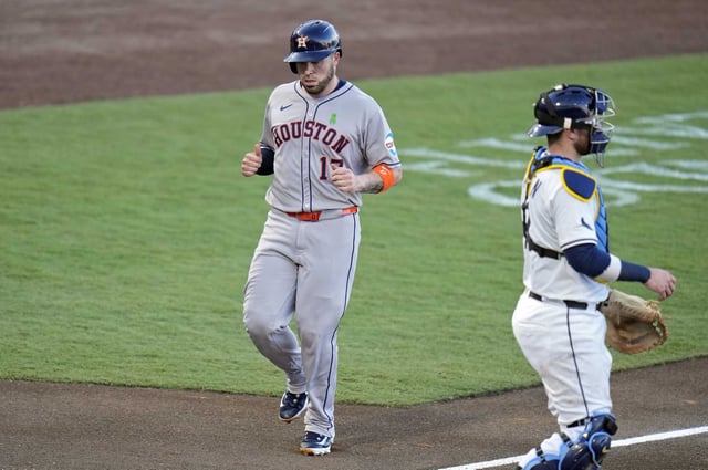 Houston Astros&#39; Victor Caratini (17) scores behind Tampa Bay Rays catcher Danny Jansen on an RBI double by Jake Meyers during the second inning of a baseball game Tuesday, May 20, 2025, in Tampa, Fla. (AP Photo/Chris O&#39;Meara)